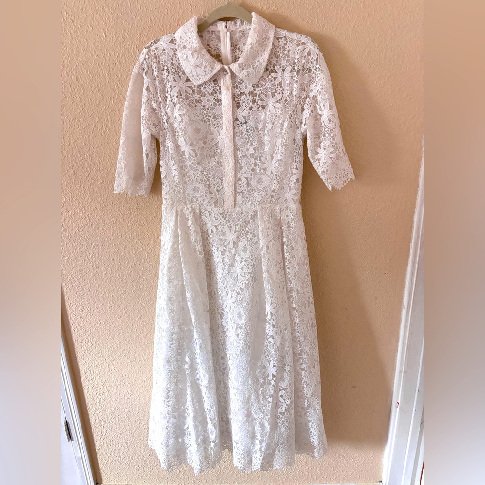 Teri Jon by Vickie Freedman Peter  Pan collar White Lace Midi Dress 10